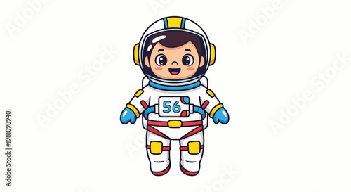 Adorable cartoon illustration of a young astronaut with a helmet and spacesuit on a white background