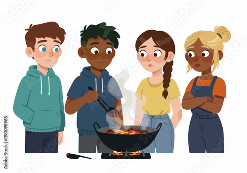 A diverse group of young friends looking concerned and uncertain while cooking food together in a wok on a portable stove.