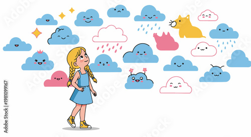 Cute cartoon illustration of a young girl with blonde braids looking up at a sky full of imaginative, expressive clouds and colorful shapes.