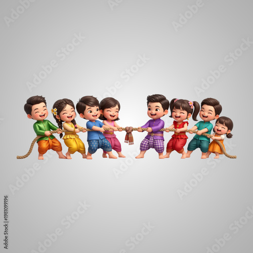 Cute children wearing traditional Thai costumes playing a joyful game of tug of war together