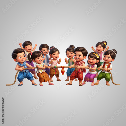 Happy Thai children in traditional costumes playing a joyful competitive game of tug of war
