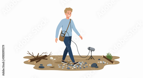 Sound engineer or foley artist recording footsteps on gravel with professional audio equipment for film and television production.