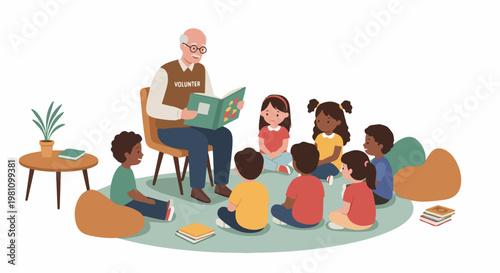 Elderly male volunteer reading a storybook to a group of diverse young children sitting on a rug in a classroom or library setting.