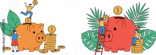 Piggy Bank and Financial Growth Icon Set with Coins, People, and Savings for Investment, Saving, and Wealth Building Designs