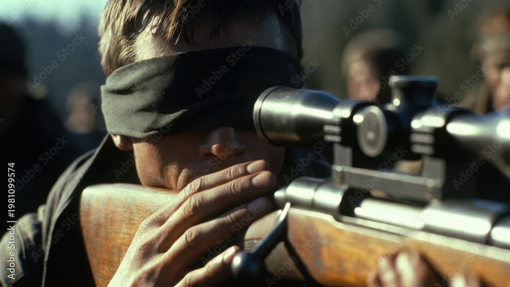 Fototapeta premium Blindfolded Shooter Aiming with Precision in Outdoor Setting