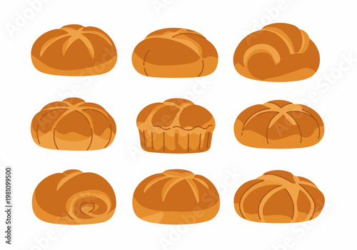 Vector illustration set of various freshly baked bread rolls and buns isolated on a white background