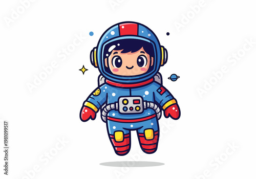 Adorable cartoon illustration of a cute astronaut floating in space with a planet and stars