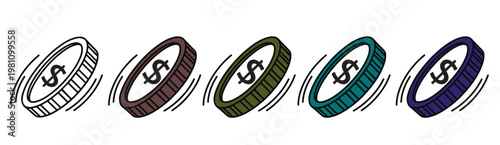 A colorful illustration of coins spinning in mid-air, showcasing different shades and motion lines.