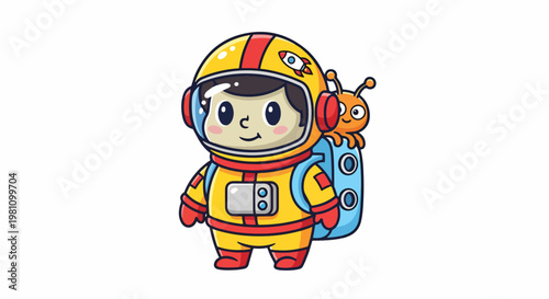 Adorable cartoon astronaut with an alien friend exploring the vastness of outer space illustration