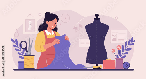 Flat illustration of a female fashion designer or tailor working on a garment in a creative studio with a mannequin and sewing tools.