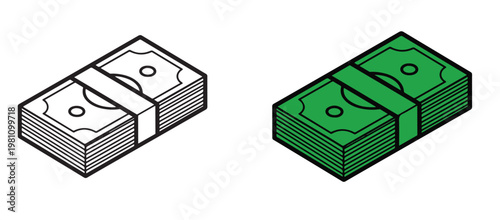 An illustration of two stacks of money, one in black and white and the other in green, symbolizing different currencies or financial concepts.