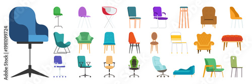 Colorful Modern Chair and Armchair Furniture Flat Illustration Collection Set