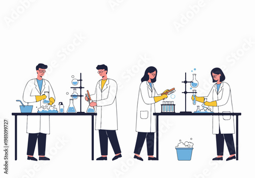 Group of male and female scientists in lab coats cleaning various glass laboratory equipment with brushes and soapy water on work benches.