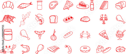 Fast Food and Snacks Collection,Collection of black line art icons,Stroke icons for fast food,Set of food,Modern minimal flat design elements,hand drawn vector set of pizza,Simple black outline icons