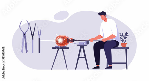 Male glassblower artist working with molten glass using traditional tools in a creative workshop studio vector illustration.
