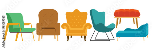 Colorful Modern Chair and Armchair Furniture Flat Illustration Collection Set