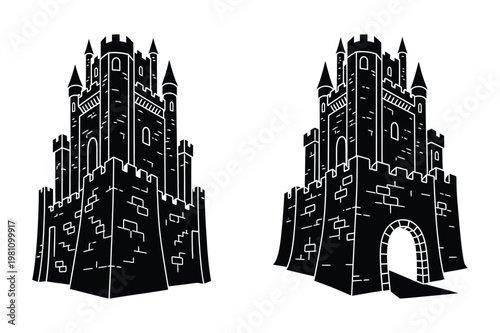 Canvas Print Ornate medieval castle gatehouse and tower illustration with medieval, fortress