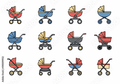 Set of Twelve Colorful Baby Stroller and Pram Icons in Flat Vector Style Isolated on a White Background