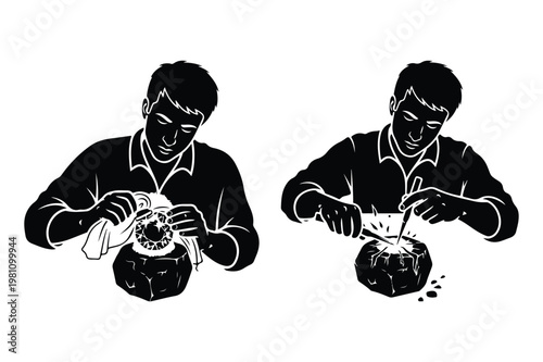Man opening and preparing coconut with knife and cloth preparation tropical
