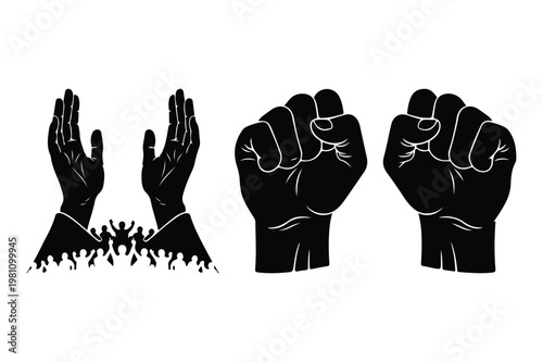 Protest raised fists and praying hands with crowd silhouette