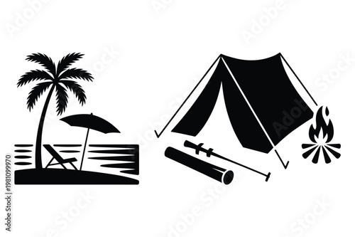 Tropical beach palm tree and camping tent with campfire sleeping bag tropical