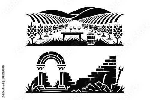 Vineyard landscape with wine tasting elements and ancient ruins, vineyard