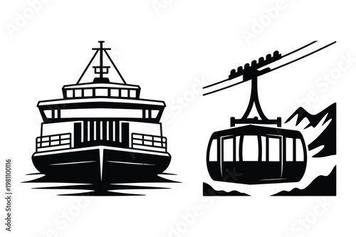 Ferry boat and gondola cable car silhouettes with ski lift transport passenger