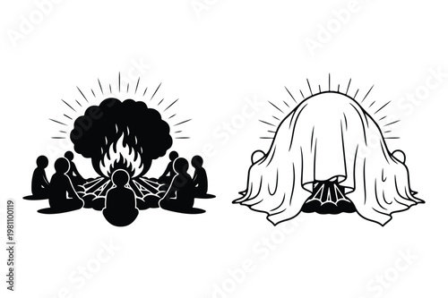 People sitting around campfire and mysterious covered object silhouettes