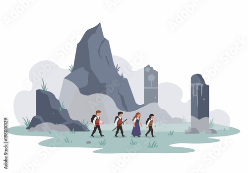 Four explorers hiking through a mysterious landscape with rocky mountains and ancient stone monoliths, vector illustration.