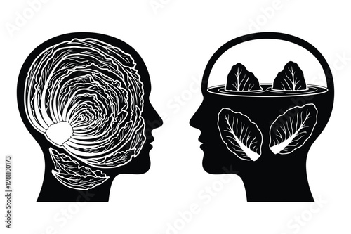 Profile silhouettes of two heads one with a complex pattern the other
