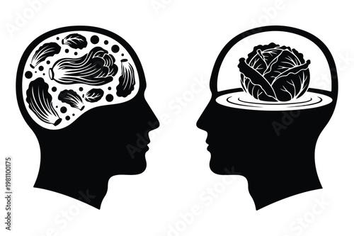 Profile silhouettes of two heads one with food items the other with a cabbage