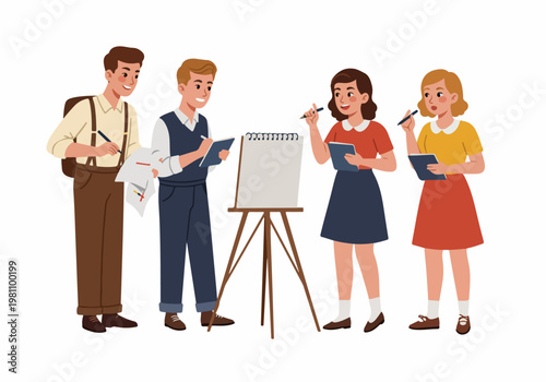 Group of four students in vintage school uniforms collaborating and taking notes around an easel with a sketchbook in a white background.