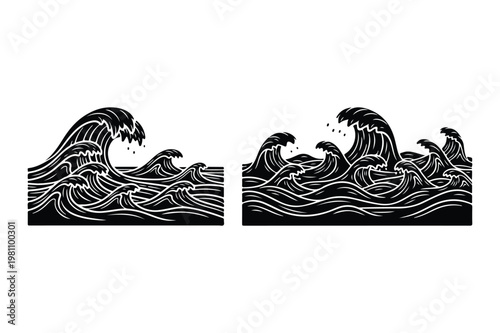 Stylized illustration of powerful ocean waves crashing, black and white