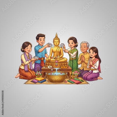 Happy Thai Family Celebrating Songkran Festival with Traditional Water Pouring Ritual on Buddha Statue