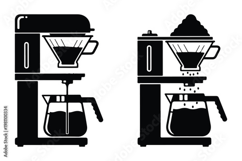 Vector illustration of a drip coffee maker brewing coffee, black and white