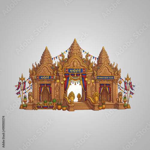 Elaborate Digital Illustration of a Traditional Cambodian Temple Entrance Decorated for Khmer New Year Festivities