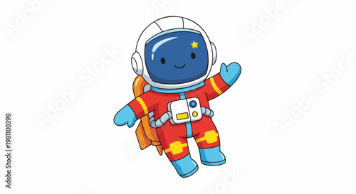 Adorable cartoon astronaut floating in space with a happy expression and waving hand.