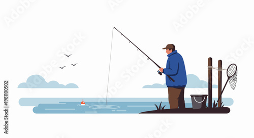 A fisherman in a blue jacket holding a rod and fishing at a lake shore, flat vector illustration.