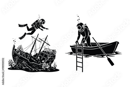 Scuba diver exploring sunken shipwreck and climbing into boat with oar vector