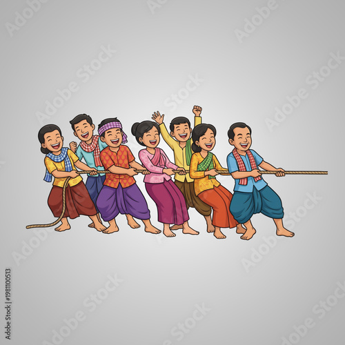 Happy Southeast Asian people playing tug of war in colorful traditional festive clothing