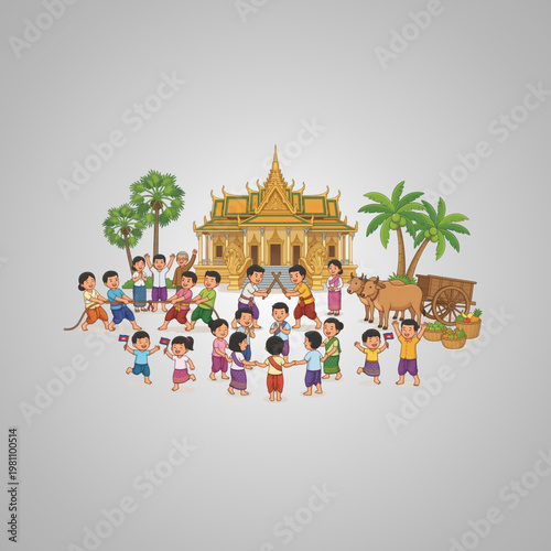 Vibrant Illustration of Cambodian People Celebrating Khmer New Year with Traditional Games and Folk Dancing