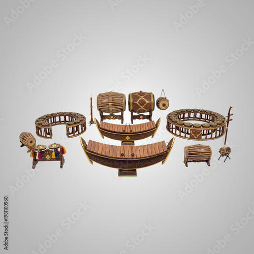 Exquisite Set of Traditional Thai Musical Instruments Arranged Neatly Against a Neutral Studio Backdrop