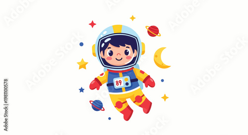 Adorable cartoon astronaut floating in space surrounded by stars, planets and the moon