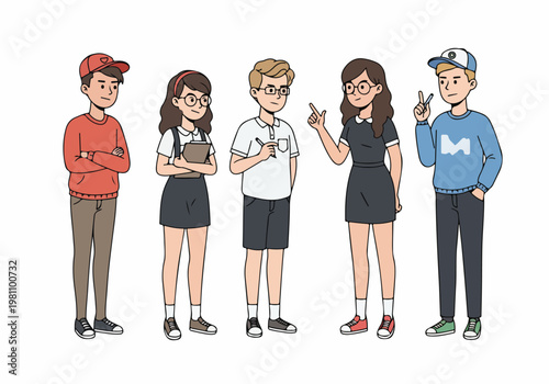 Illustration of five diverse teenagers standing in a row, wearing casual and school-style clothing, including glasses, hats, and holding study materials.