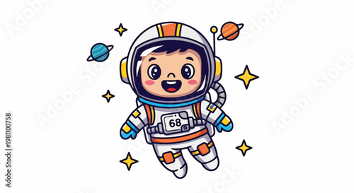 Adorable cartoon astronaut floating in space surrounded by planets and stars illustration