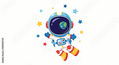 Adorable cartoon astronaut floating in space surrounded by colorful stars illustration