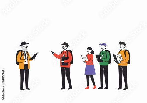 Flat Illustration of a Senior Tour Guide or Professor Leading a Group of Students or Tourists on an Educational Field Trip