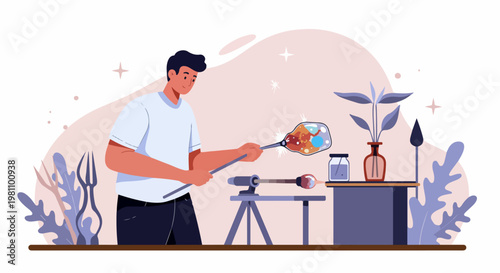 Skilled Artisan Glassblower Crafting a Unique Piece in a Modern Workshop Studio Illustration