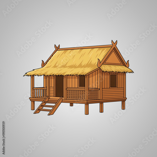 Illustrated Traditional Thai Style Wooden Bamboo Hut with Straw Roof Isolated on Gray Background