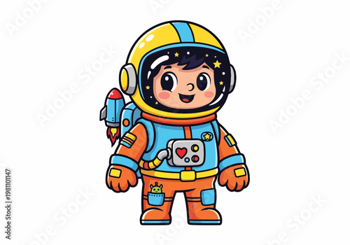 Adorable cartoon astronaut character with space helmet and rocket ready for adventure